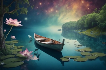 Fairytale Surreal Background On Lake With Boat