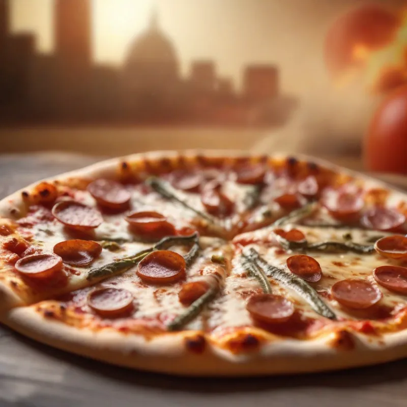 free stock photo of pepperoni pizza with city scene in background