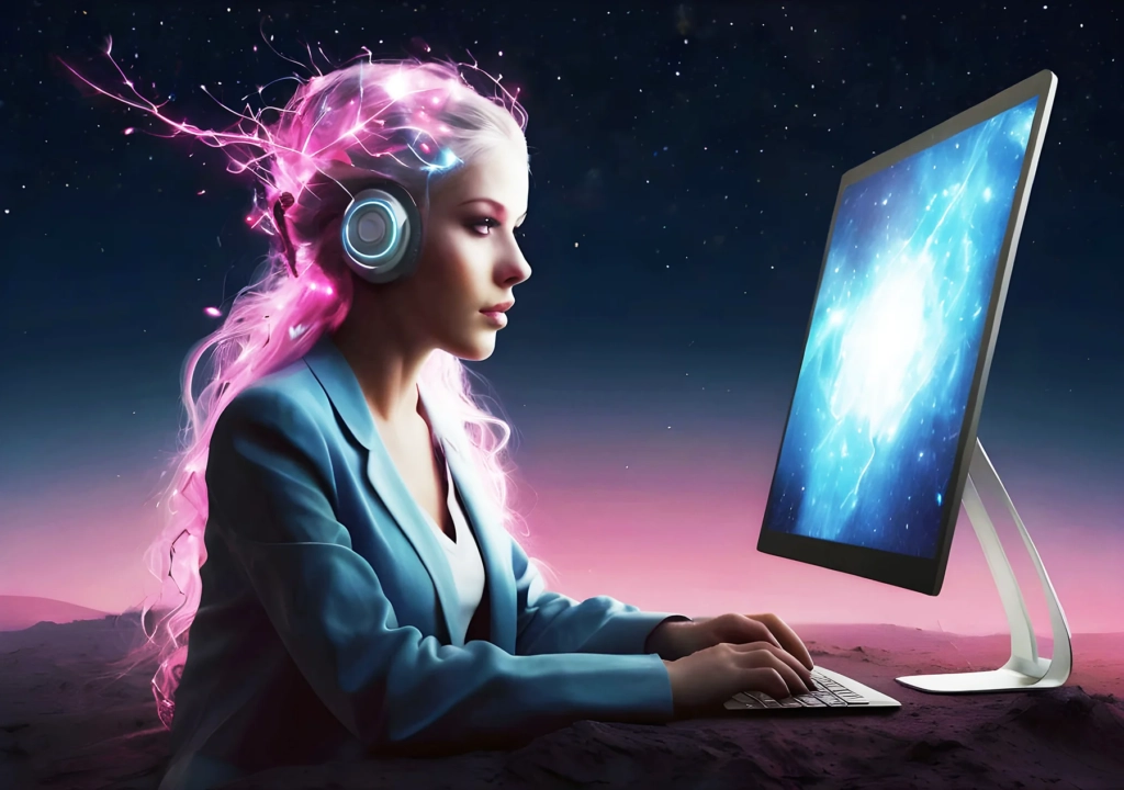 Unique fantasy surreal desktop background of girl on laptop