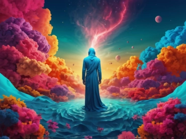Surreal vibrant desktop background with guy in center
