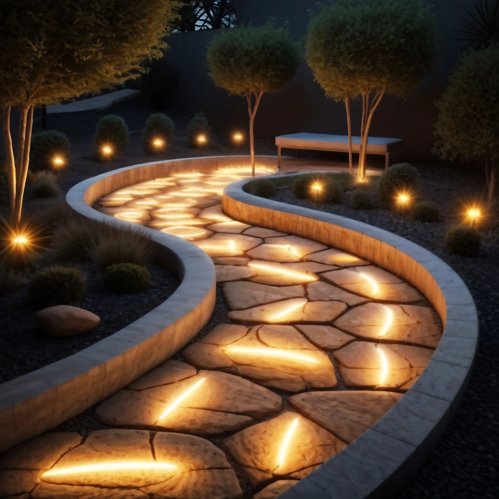 nighttime stone pathway with lighted path